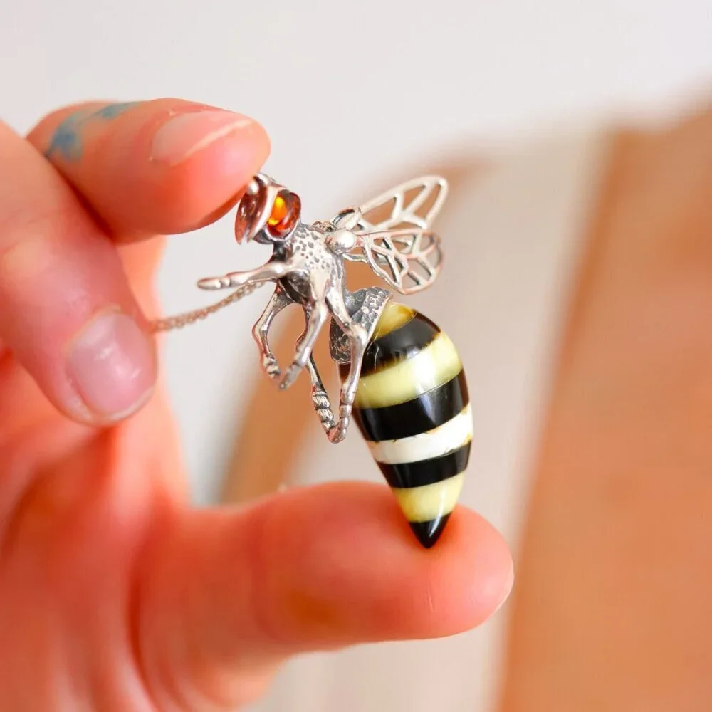 Baltic Amber Bumble Bee Pendant Necklace 925 Sterling Silver